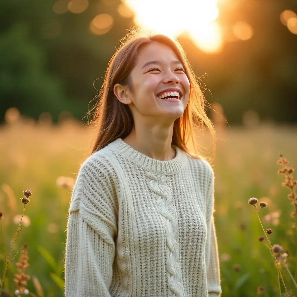 Joyful Woman in a Cozy Sweater Outdoors