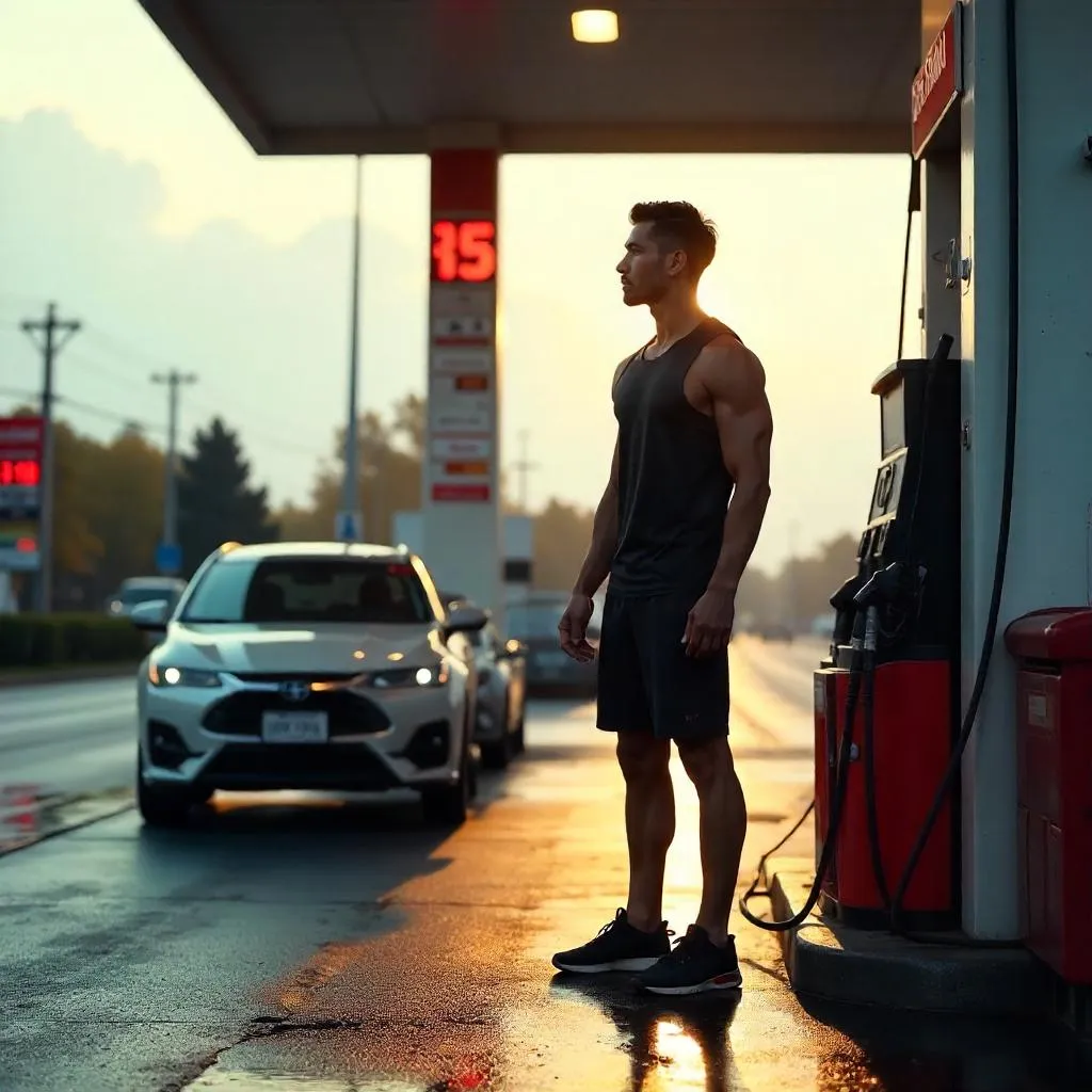 Photorealistic Athletic Asian Man at a Gas Station