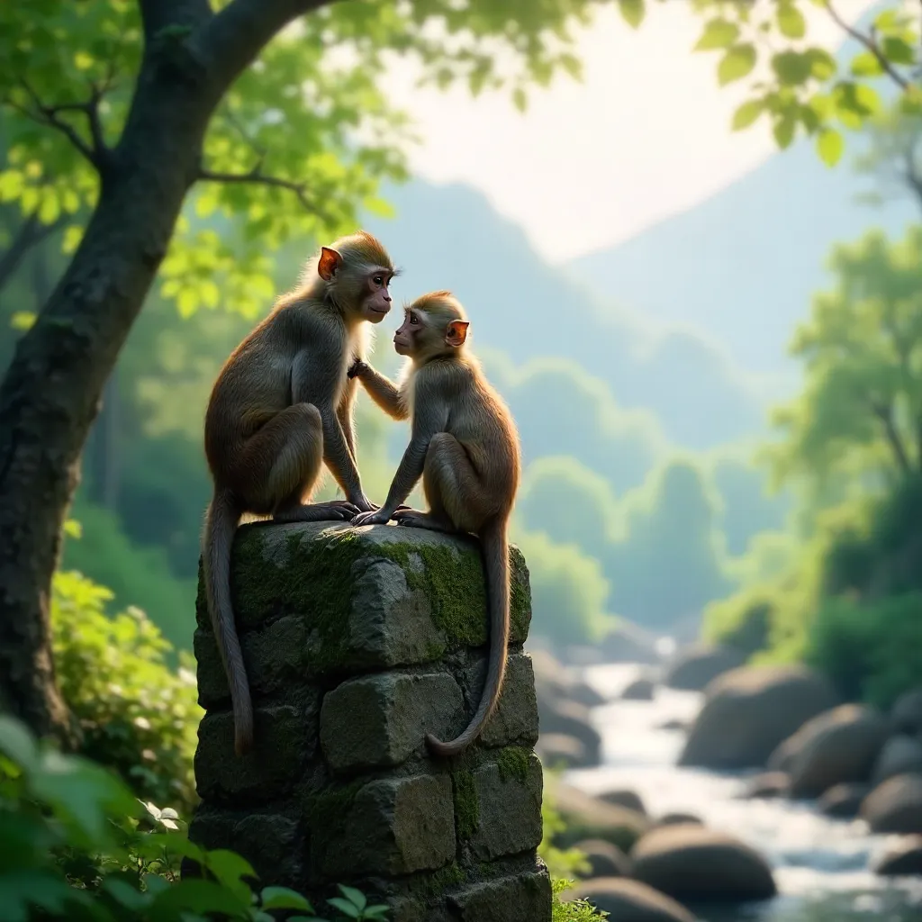 Three Monkeys on a Stone Pillar in Tranquil Nature