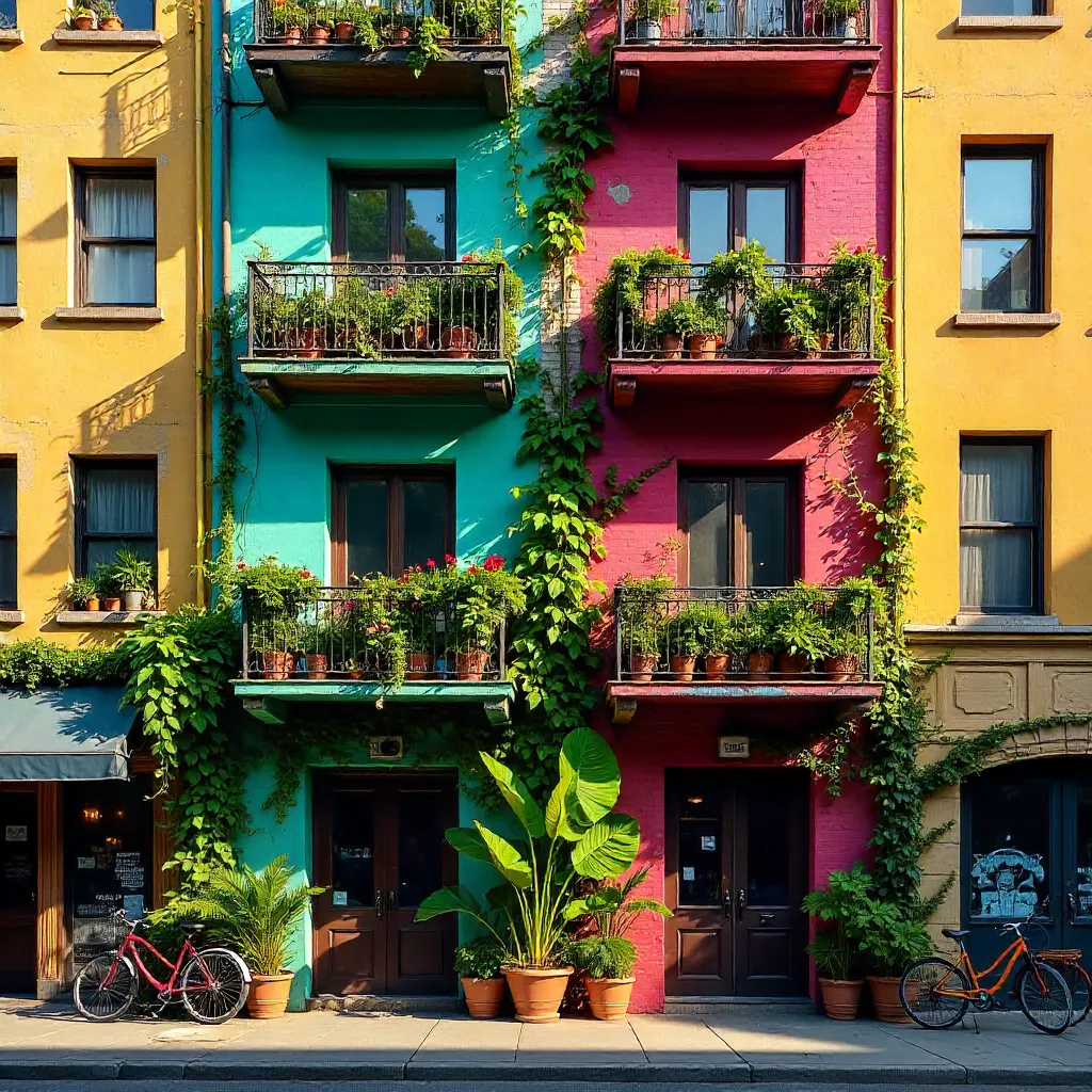 Vibrant Balcony Oasis on Colorful City Facade
