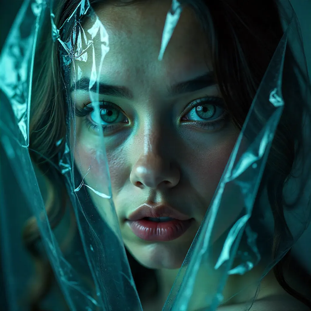 Whispered Portrait Through Crinkled Plastic Wrap
