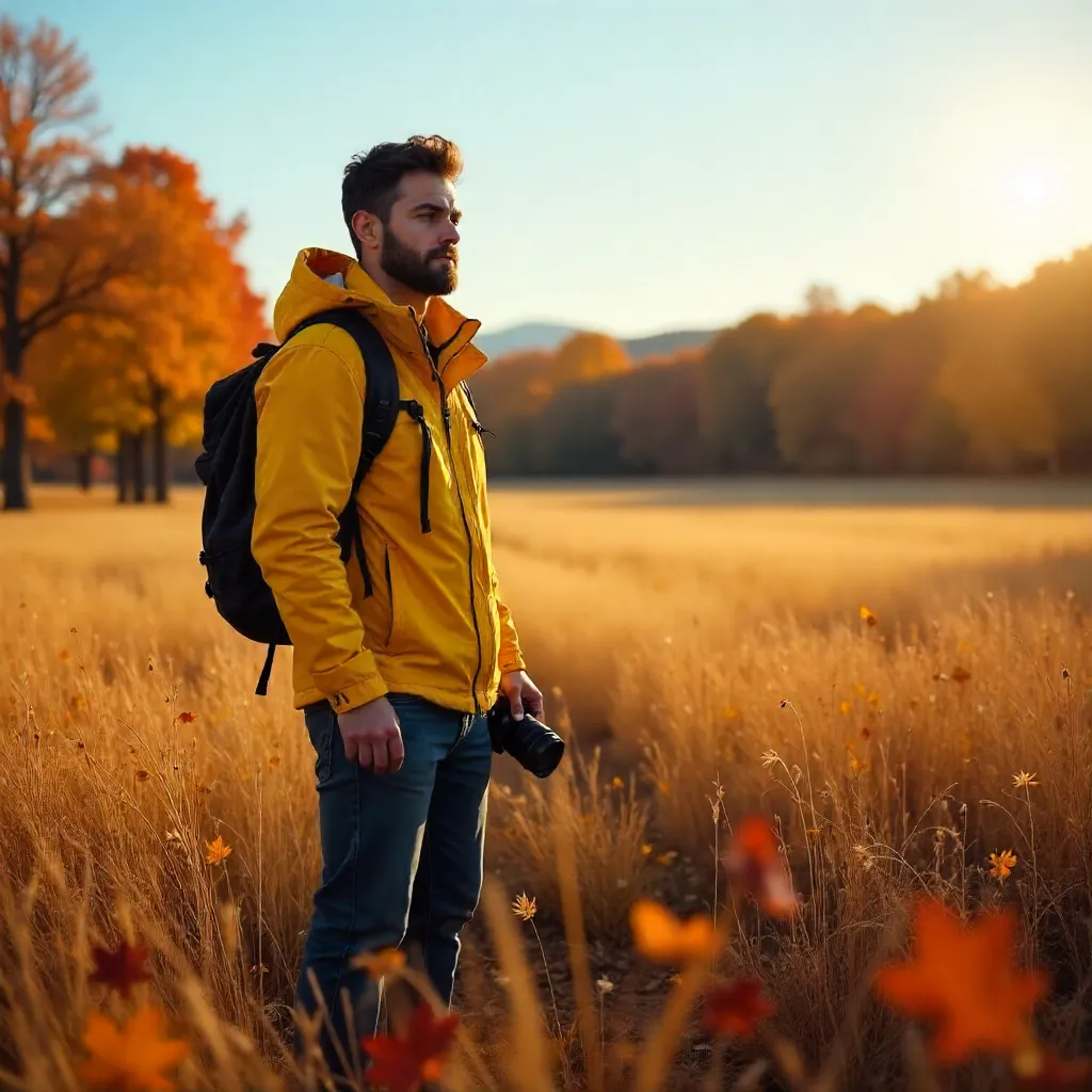 Autumn Field Photographer in Yellow Jacket