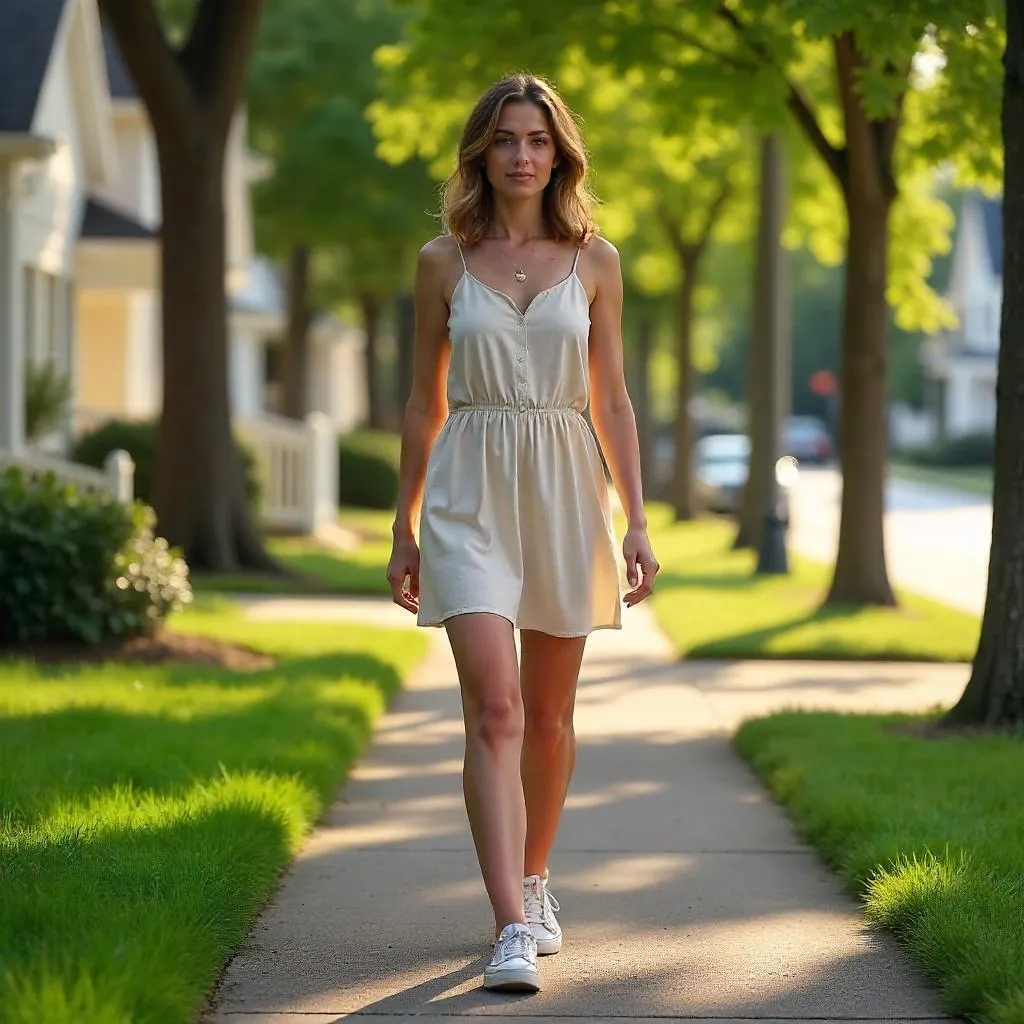 Photorealistic Suburban Walk: Caucasian Woman in Sunlight