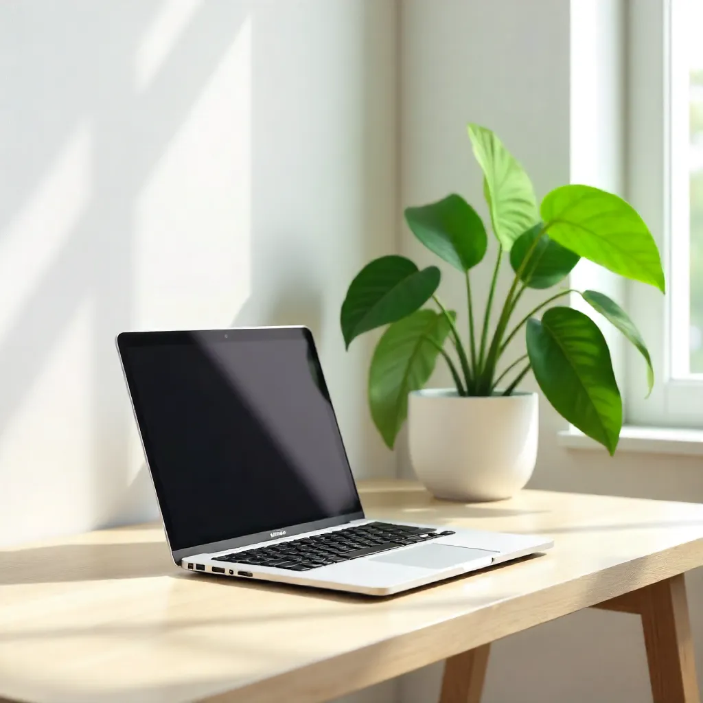 Minimalist Workspace with Laptop and Green Plant