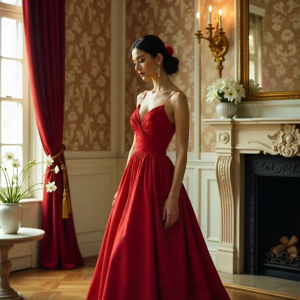 Elegance in Red: Lilies in a Classical Interior