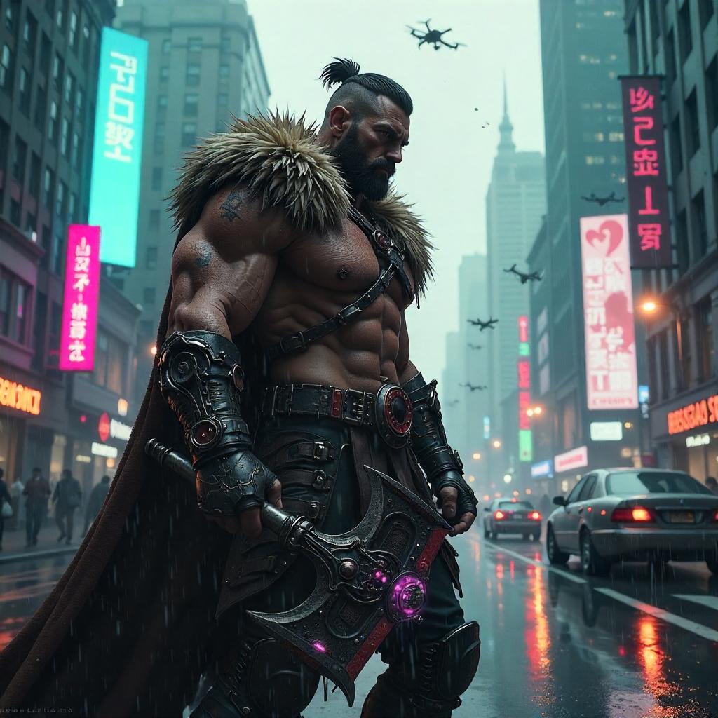 Neon Barbarian in a Cyberpunk Megacity