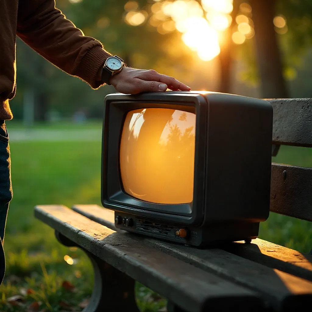 Nostalgic Old TV on a Park Bench