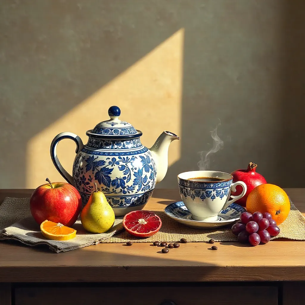 Rustic Still Life: Coffee, Fruits, and Patterned Teapot