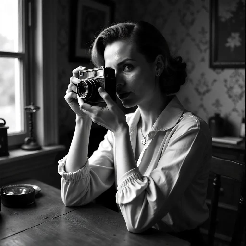Monochrome Portrait: Woman with Vintage Camera