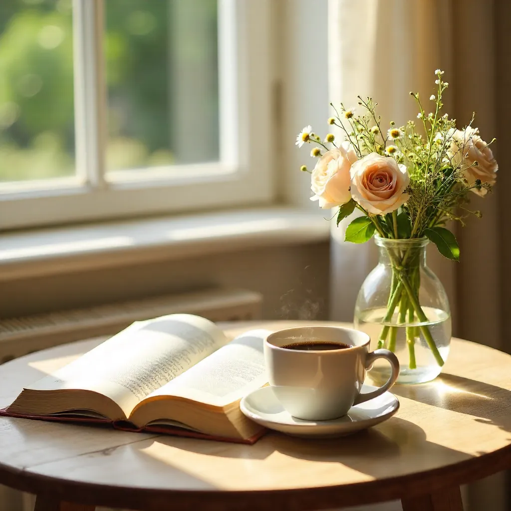 Tranquil Morning: Book, Coffee, and Flowers on a Table