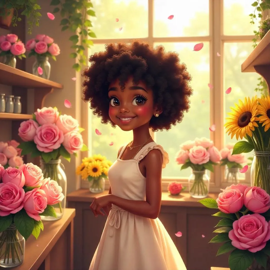 Cheerful Black Girl in a Lush Flower Shop