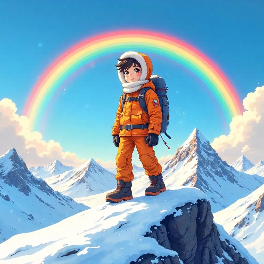 Rainbow over the Snowy Summit in Anime Style