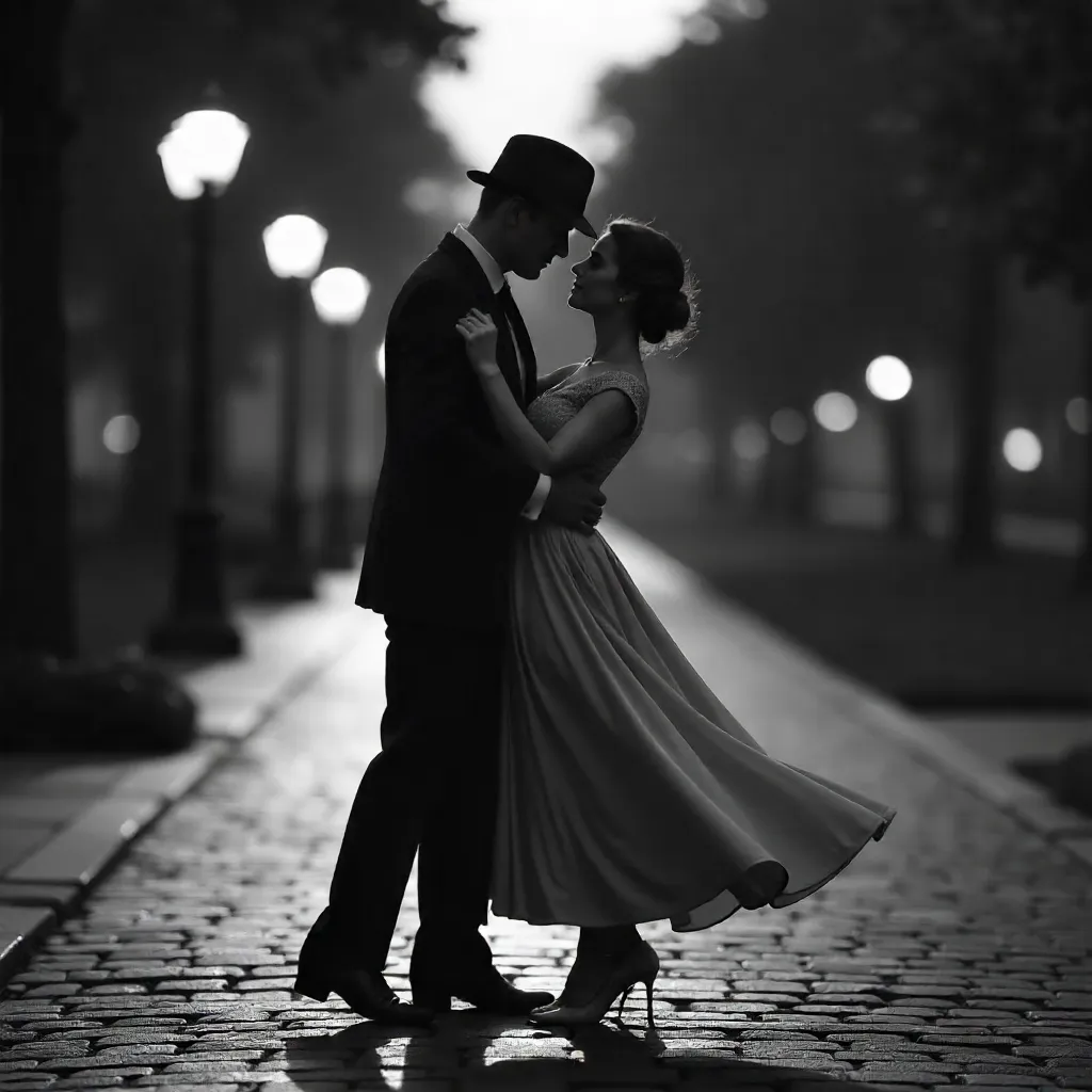 Timeless Outdoor Noir: Couple Dancing in Black and White