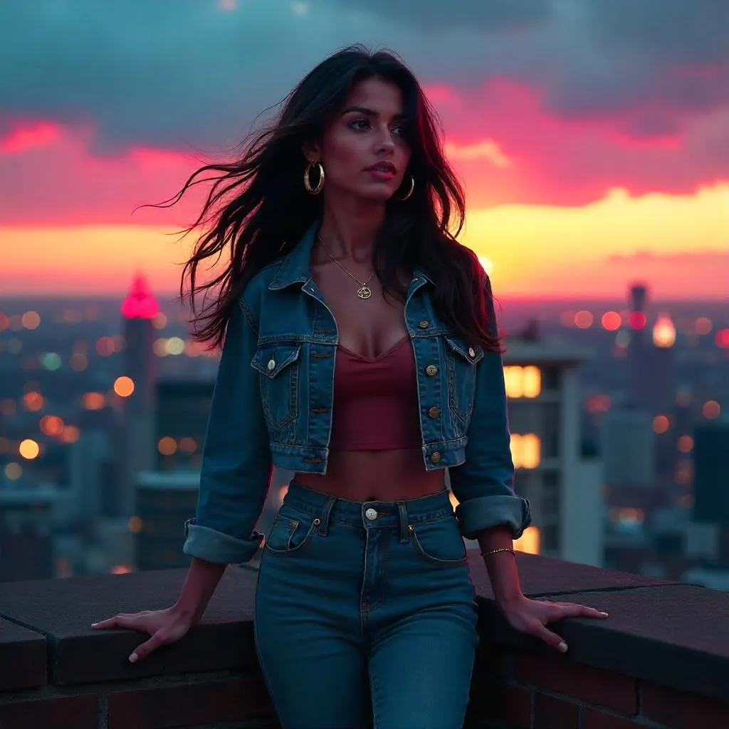 Rooftop Neon Glow: Latina Portrait at Dusk