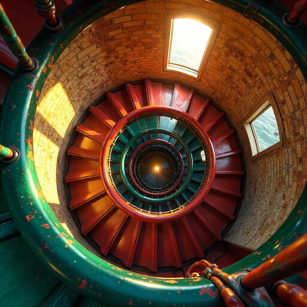 Vibrant Spiral Staircase in a Lighthouse