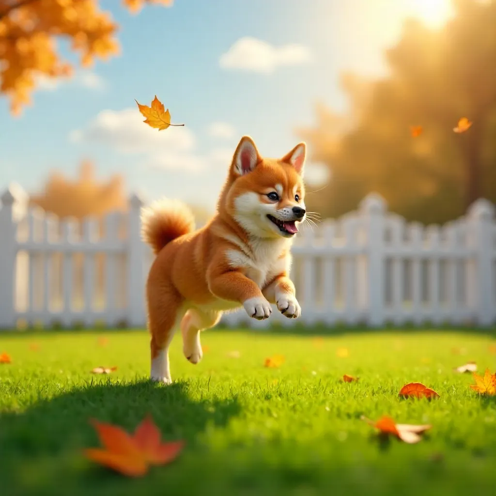 Autumn Shiba Inu at Play by White Picket Fence