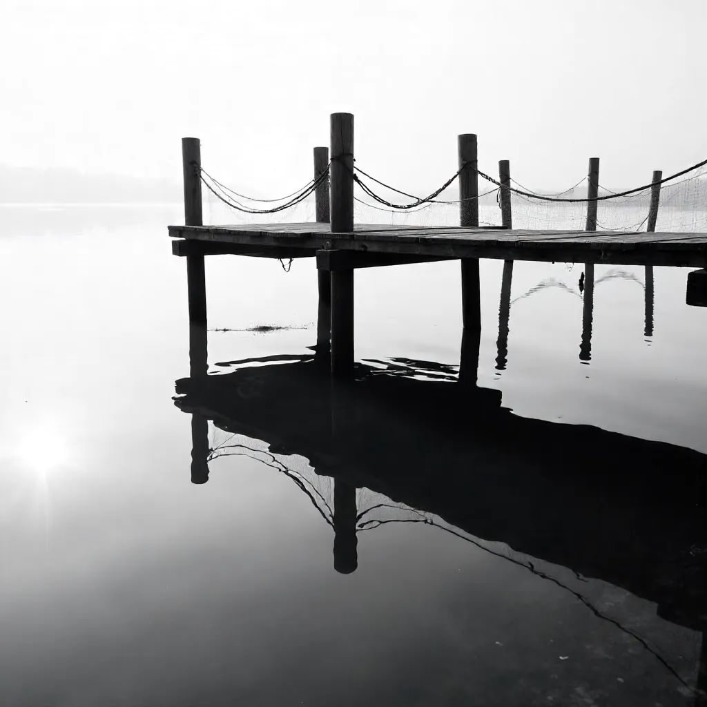 Monochrome Tranquility: Fishing Platform Reflections