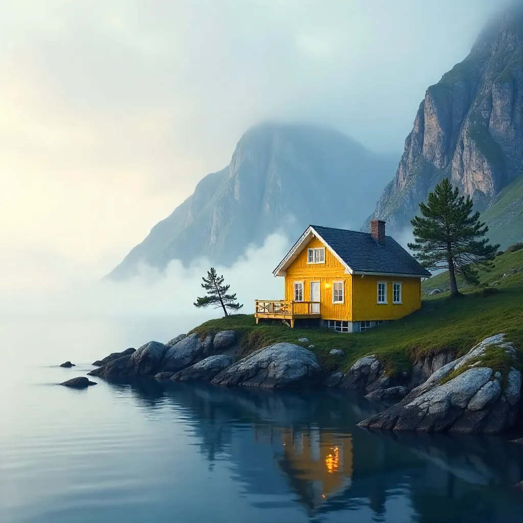 Yellow House in Misty Nordland Seascape