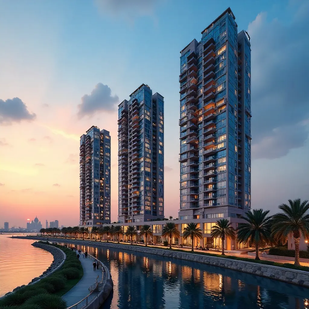 Doha Dusk: Vibrant Towers by the Corniche