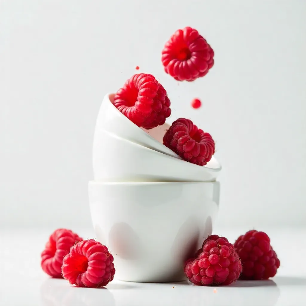 Vibrant Raspberries Falling into Stacked Cups