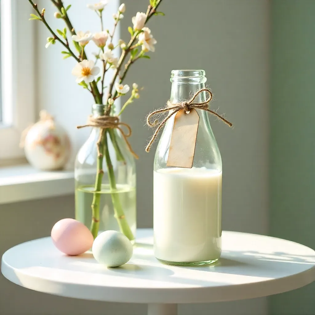 Spring Easter Milk Bottle on White Round Table