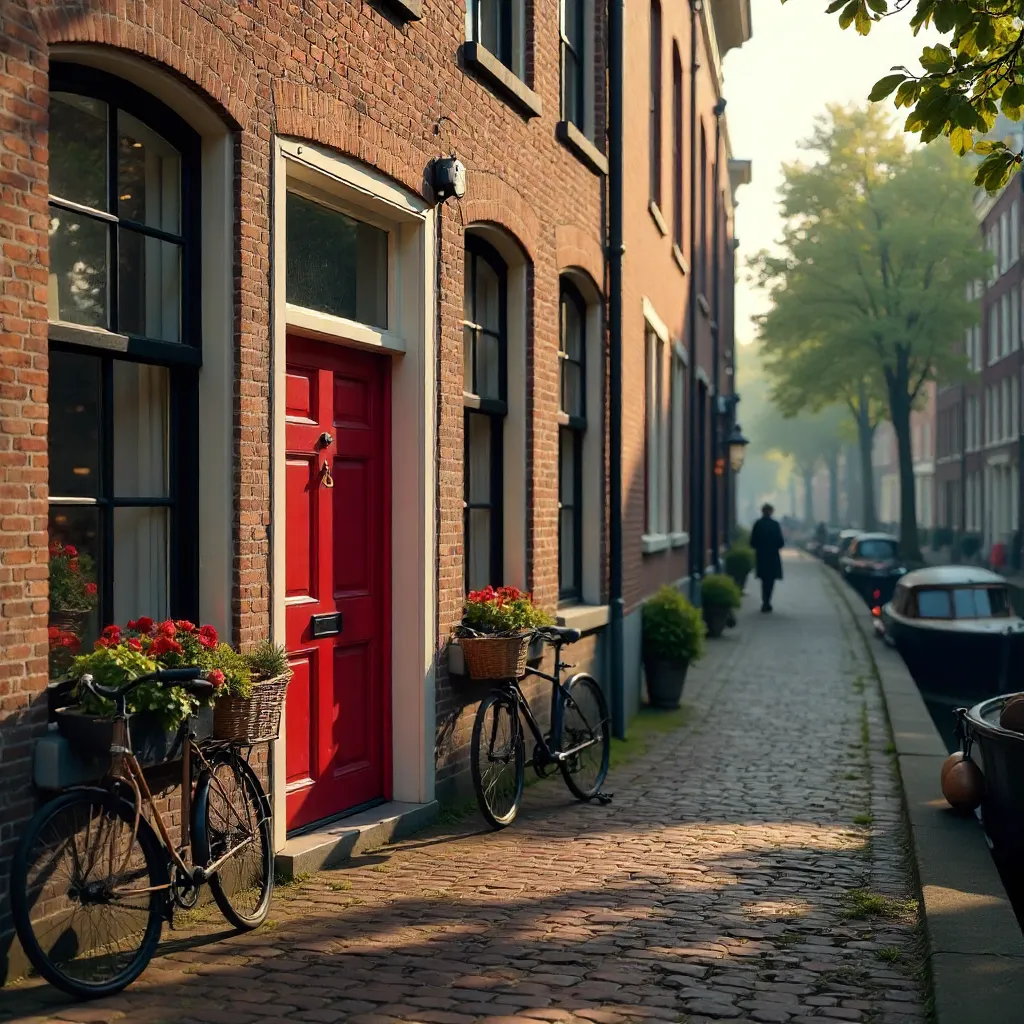 Red Door on a Charming Amsterdam Brick Facade