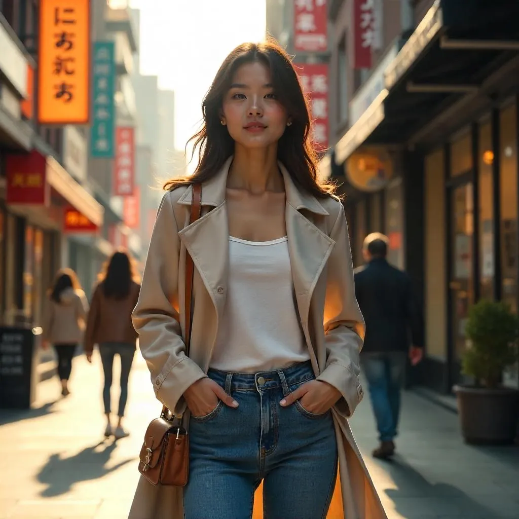 Photorealistic Portrait: Young Asian Woman on City Street