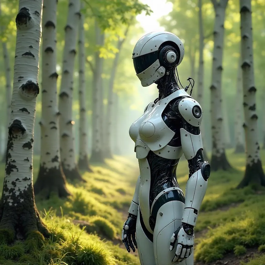 Cyborg in a Birch Forest - Photoreal Scene