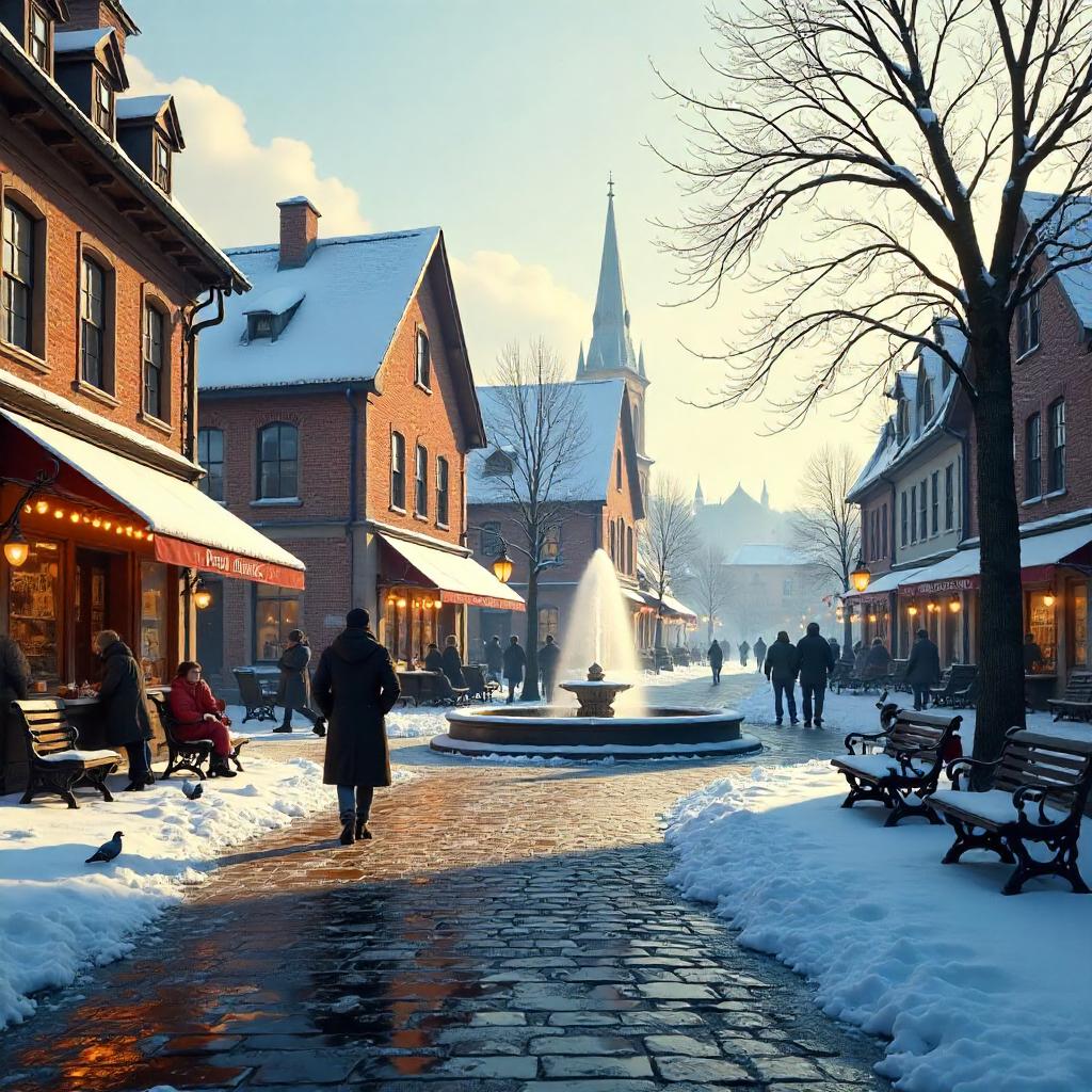 Photoreal Snowy Town Square at Dawn