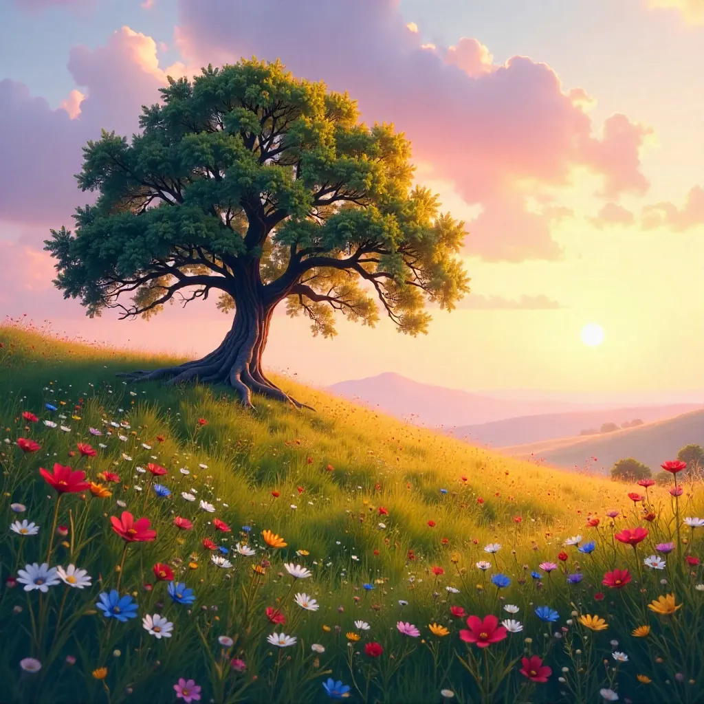 Solitary Oak on a Sunset Hill