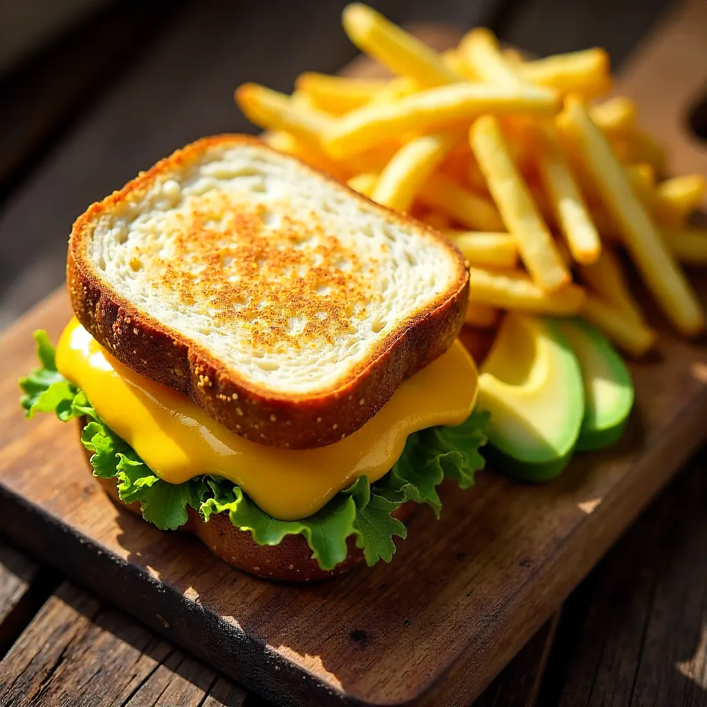 Top-Down Yummy Sandwich with Crispy Bread and Fries
