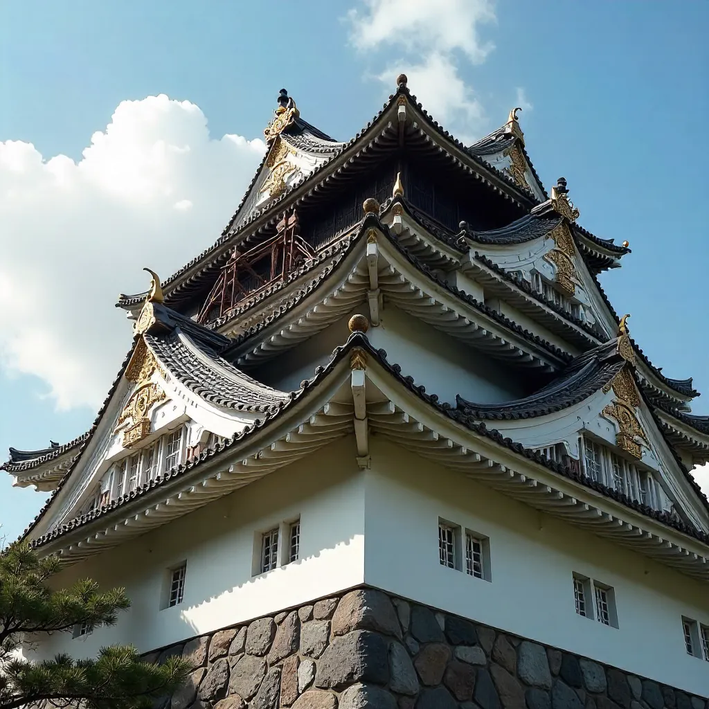 Ornate Osaka Castle Rooftop Against a Bright Blue Sky