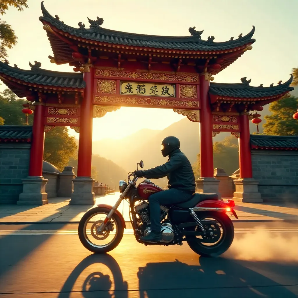 Motorcyclist by an Intricate Asian Temple Gate