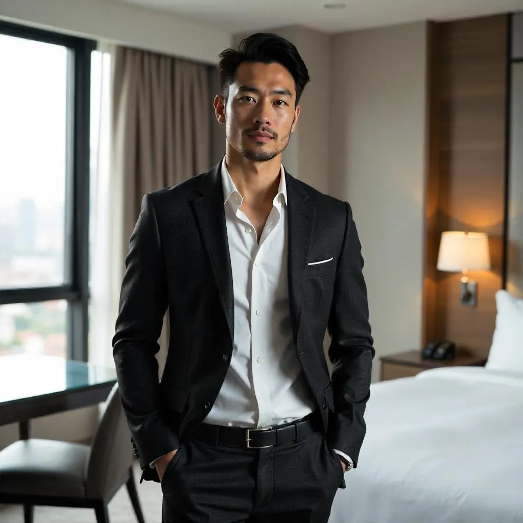 Photorealistic Portrait: Handsome Asian Man in a Hotel Room