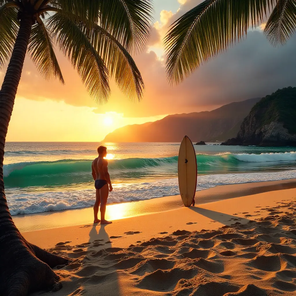 Solitary Surfer Contemplates Hawaiian Surf