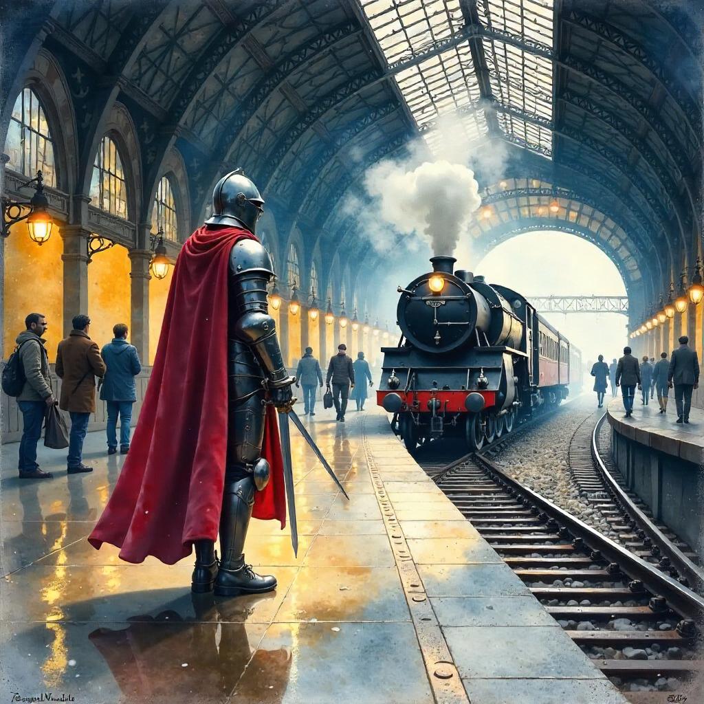 Knight in Watercolor at a Train Station