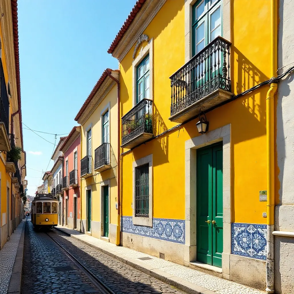 Sunlit Yellow Facade in Lisbon's Historic Baixa