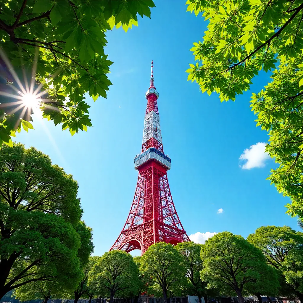 Vibrant Tokyo Tower Surrounded by Trees on a Clear Day