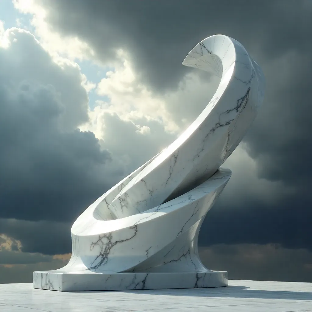 Dynamic White Marble Sculpture Against a Stormy Sky