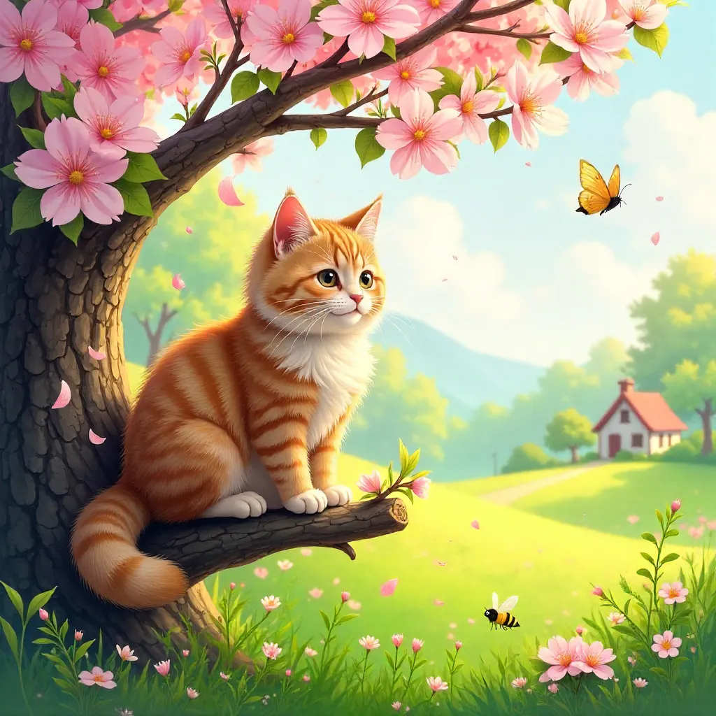 Cozy Cat in a Blooming Spring Tree