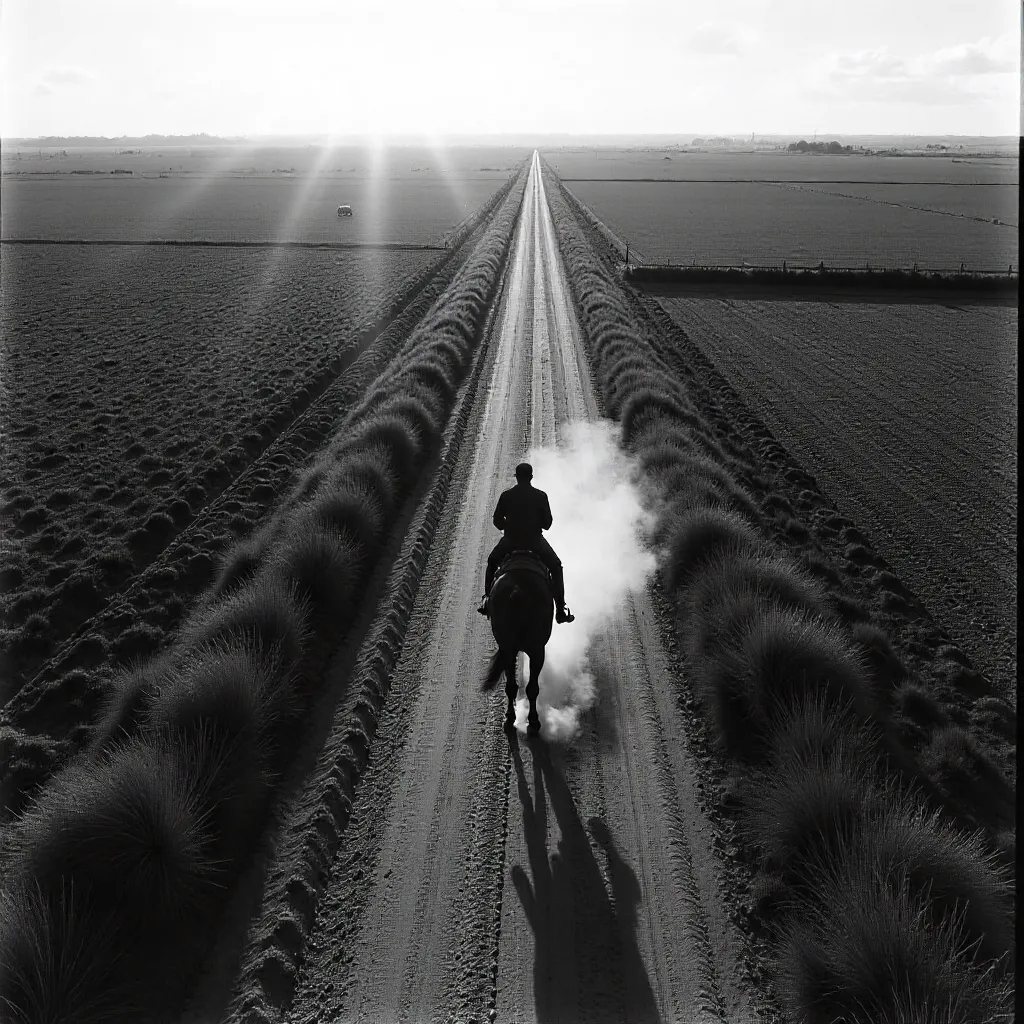 Aerial Black-and-White Ride over Rural Dirt Road