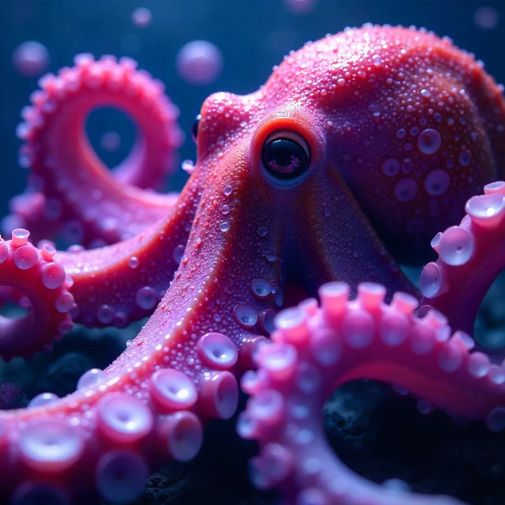 Vibrant Purple Octopus Tentacles Close-Up with Bubbles