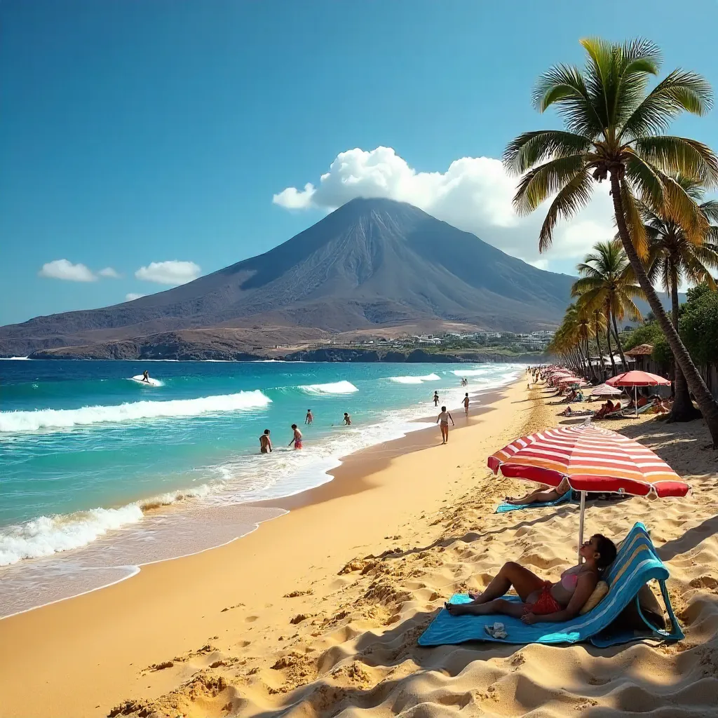 Canary Islands Beach: Sunlit Sand, Sea, and Mountains