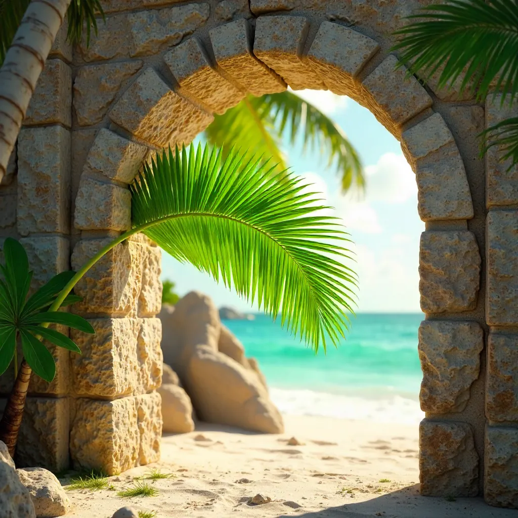 Vibrant Palm Leaf vs Stone Wall in Tulum