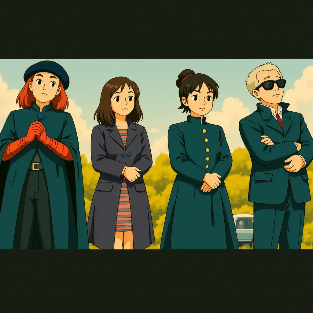 Winona Ryder, Catherine O'Hara, Justin Theroux, and Jenna Ortega in Beetlejuice Beetlejuice (2024) - Ghibli style