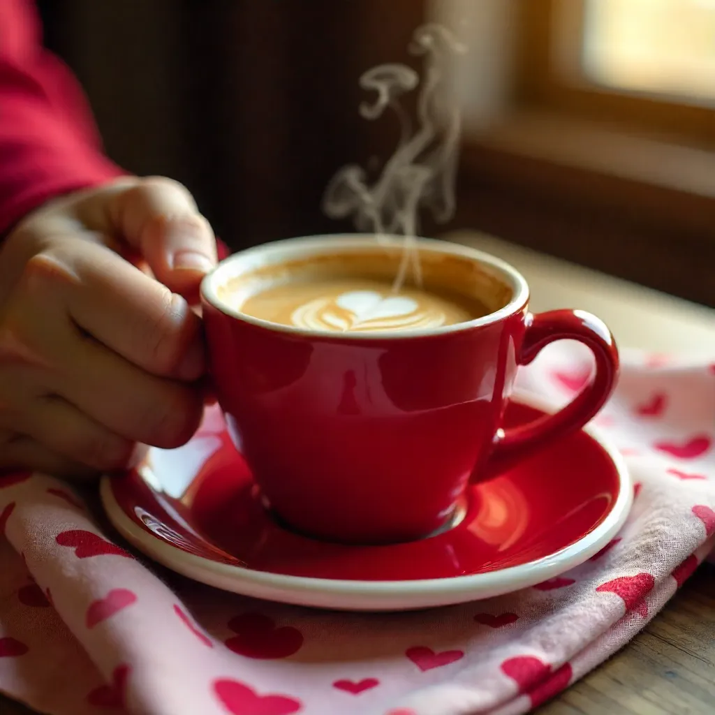 Hand Grasping a Red Espresso Cup on Heart-Patterned Cloth