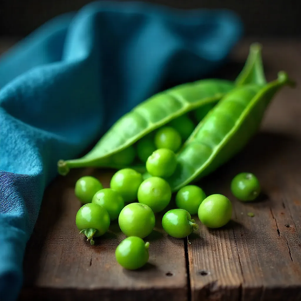 Rustic Green Peas on Blue Cloth Still Life