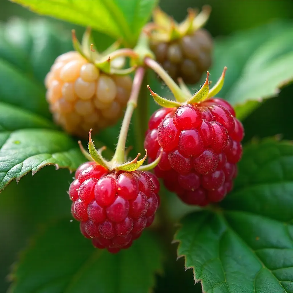 Macro close-up: ripe and unripe raspberries among leaves