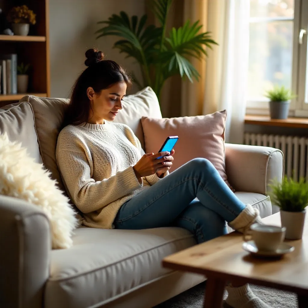 Cozy Indoor Leisure: Woman with Smartphone