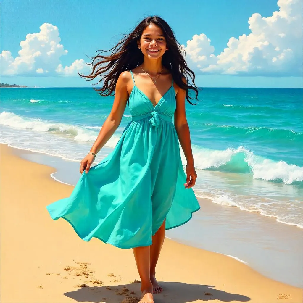 Sunlit Smile: A Cheerful Latina Girl in Oil on the Beach